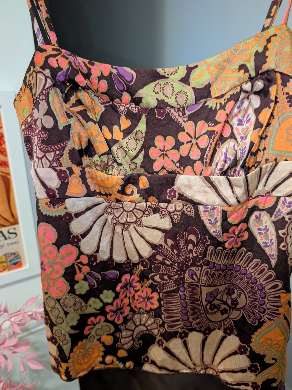 Trina Turk Floral Paisley Silk Cami in Brown Pink Orange - Picture 3 of 4